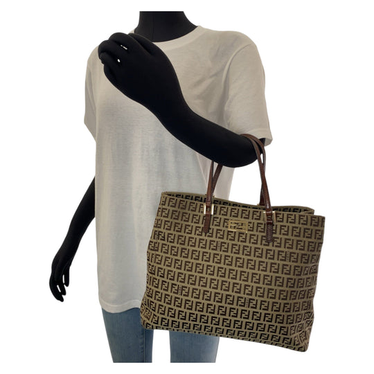 FENDI Tote Bag canvas Brown Gold Metal Tote Bag handbag Zucchino Women Used Authentic