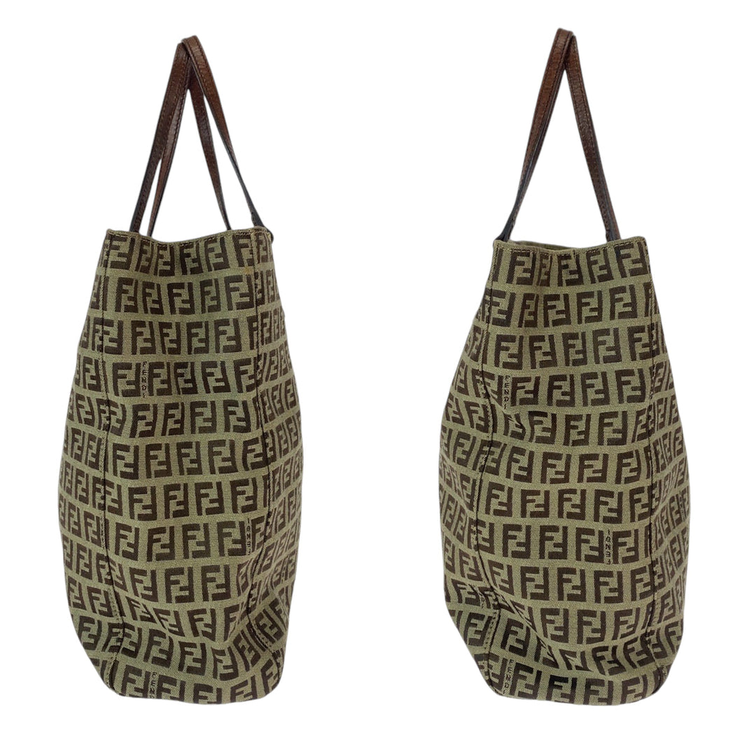 FENDI Tote Bag canvas Brown Gold Metal Tote Bag handbag Zucchino Women Used Authentic