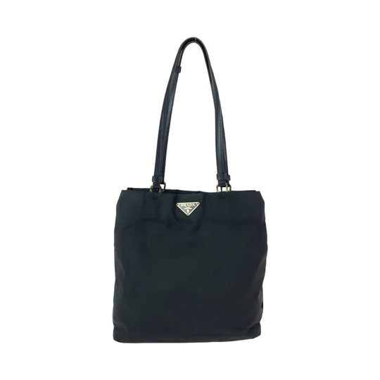 PRADA Tote Bag Nylon Black GoldMetal Tote Bag Shoulder Bag Test Triangle With logo Women Used Authentic