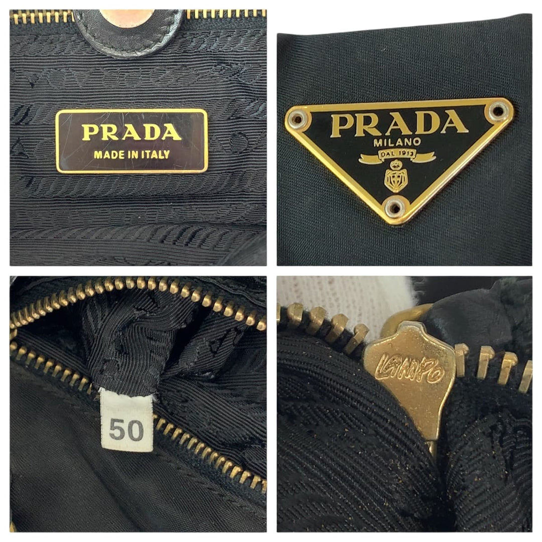 PRADA Tote Bag Nylon Black GoldMetal Tote Bag Shoulder Bag Test Triangle With logo Women Used Authentic