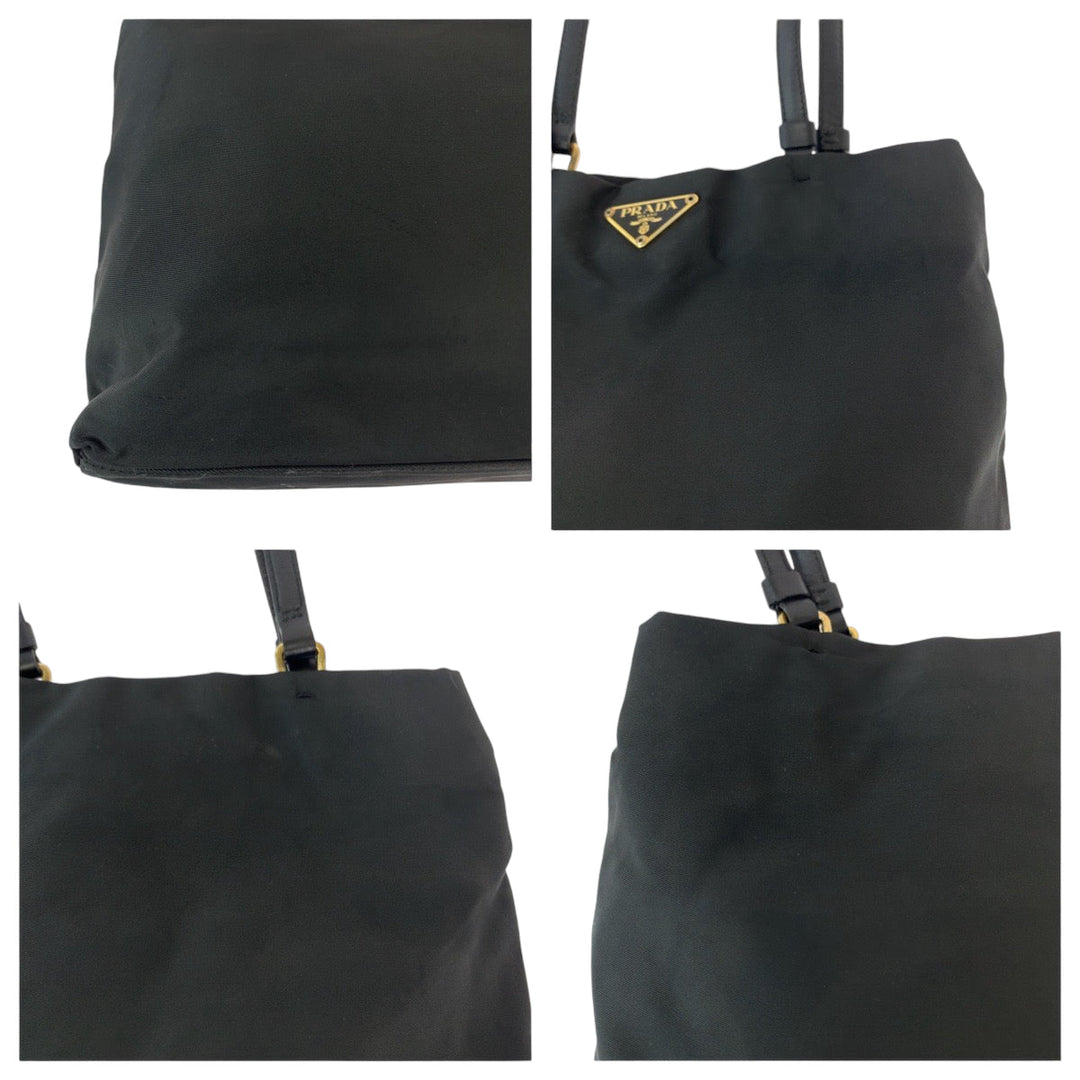 PRADA Tote Bag Nylon Black GoldMetal Tote Bag Shoulder Bag Test Triangle With logo Women Used Authentic