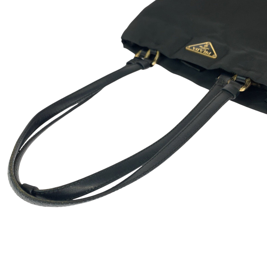 PRADA Tote Bag Nylon Black GoldMetal Tote Bag Shoulder Bag Test Triangle With logo Women Used Authentic