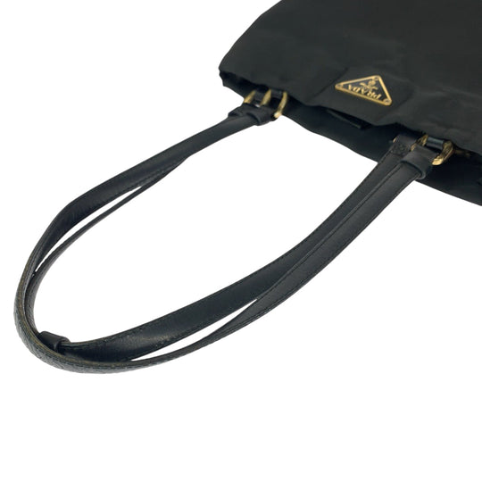 PRADA Tote Bag Nylon Black GoldMetal Tote Bag Shoulder Bag Test Triangle With logo Women Used Authentic
