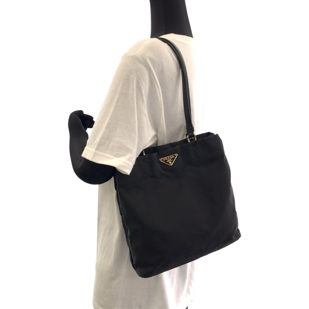 PRADA Tote Bag Nylon Black GoldMetal Tote Bag Shoulder Bag Test Triangle With logo Women Used Authentic