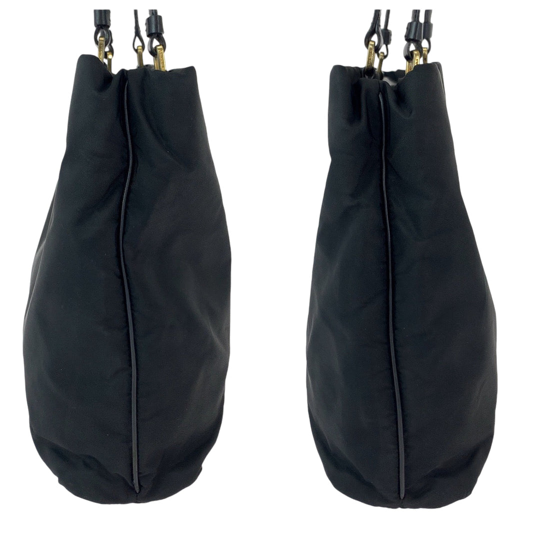 PRADA Tote Bag Nylon Black GoldMetal Tote Bag Shoulder Bag Test Triangle With logo Women Used Authentic