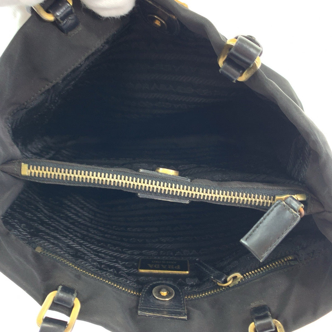 PRADA Tote Bag Nylon Black GoldMetal Tote Bag Shoulder Bag Test Triangle With logo Women Used Authentic