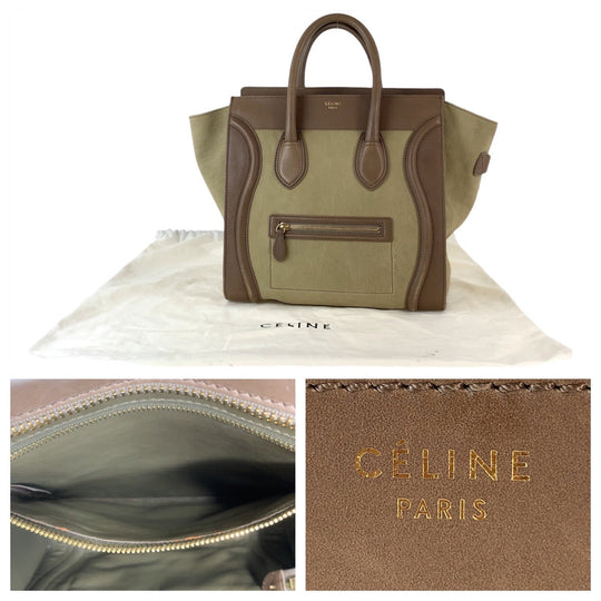 CELINE Handbag leather Khaki Brown Gold Metal Handbag Tote Bag Luggage Mini shopper Women Used Authentic