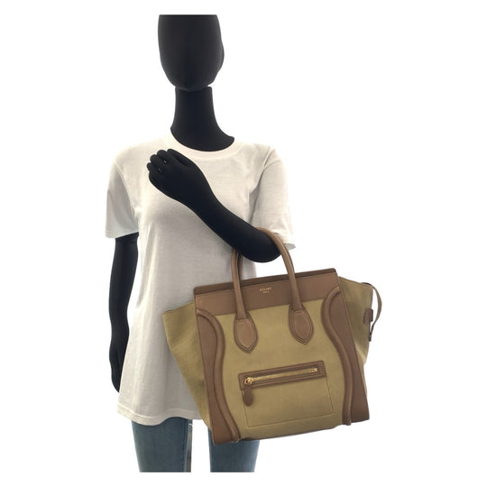 CELINE Handbag leather Khaki Brown Gold Metal Handbag Tote Bag Luggage Mini shopper Women Used Authentic