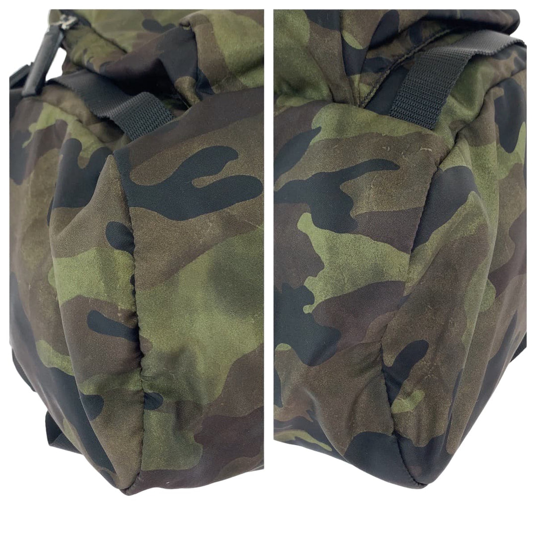PRADA Backpack V135 Nylon Khaki Multicolor SilverMetal Backpack bag pack Test Camouflage Camouflage Pattern Triangle With Logo Women Used Authentic