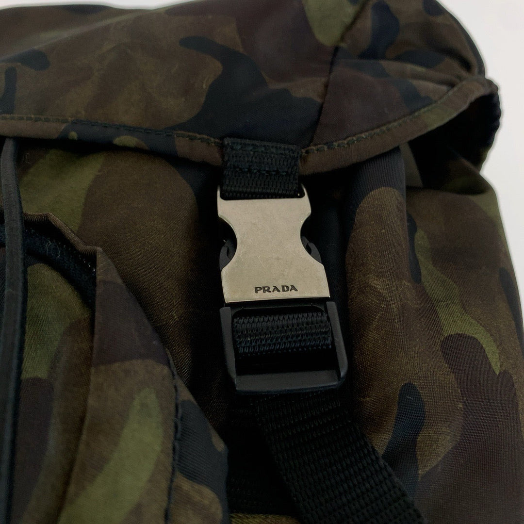 PRADA Backpack V135 Nylon Khaki Multicolor SilverMetal Backpack bag pack Test Camouflage Camouflage Pattern Triangle With Logo Women Used Authentic