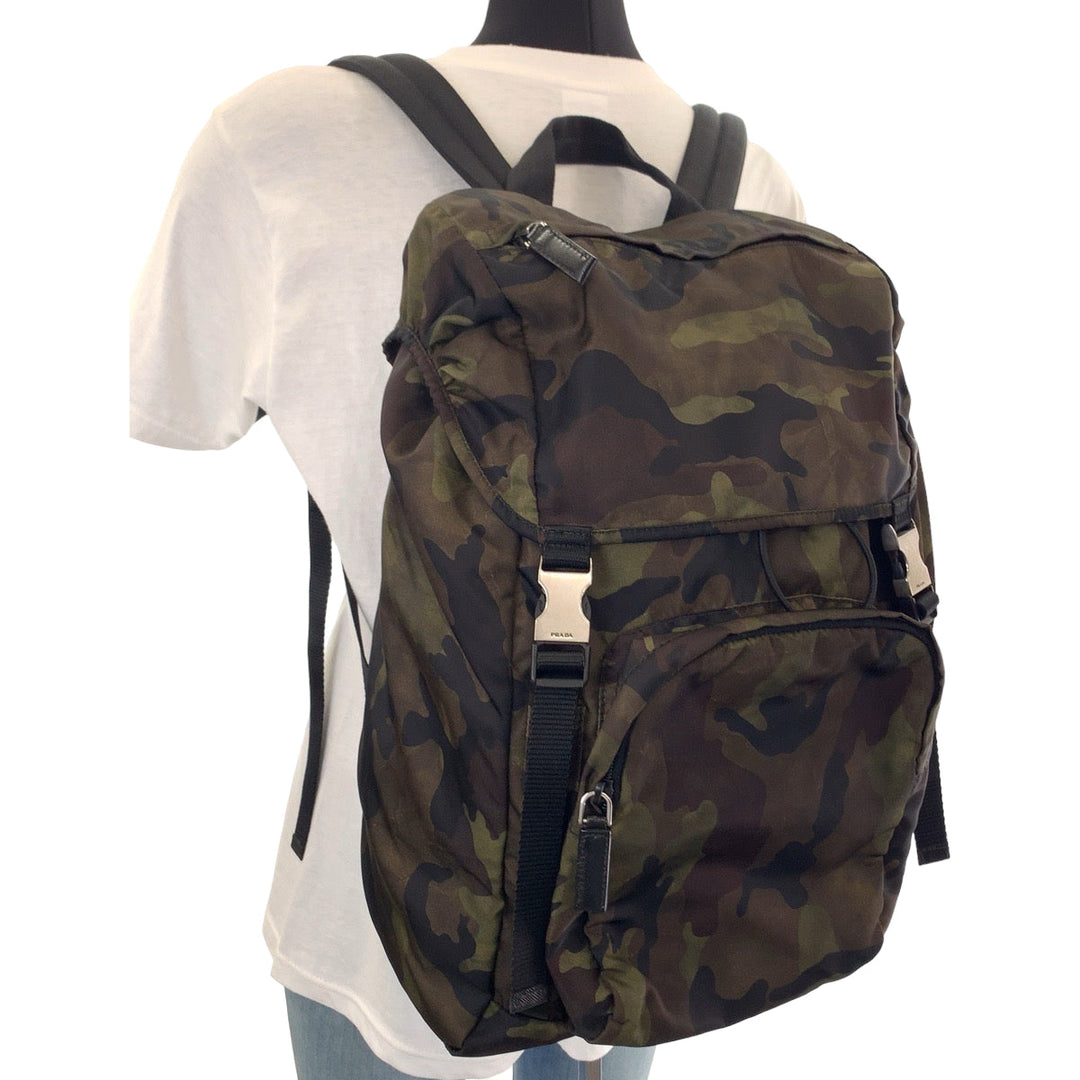 PRADA Backpack V135 Nylon Khaki Multicolor SilverMetal Backpack bag pack Test Camouflage Camouflage Pattern Triangle With Logo Women Used Authentic