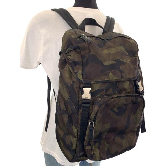 PRADA Backpack V135 Nylon Khaki Multicolor SilverMetal Backpack bag pack Test Camouflage Camouflage Pattern Triangle With Logo Women Used Authentic
