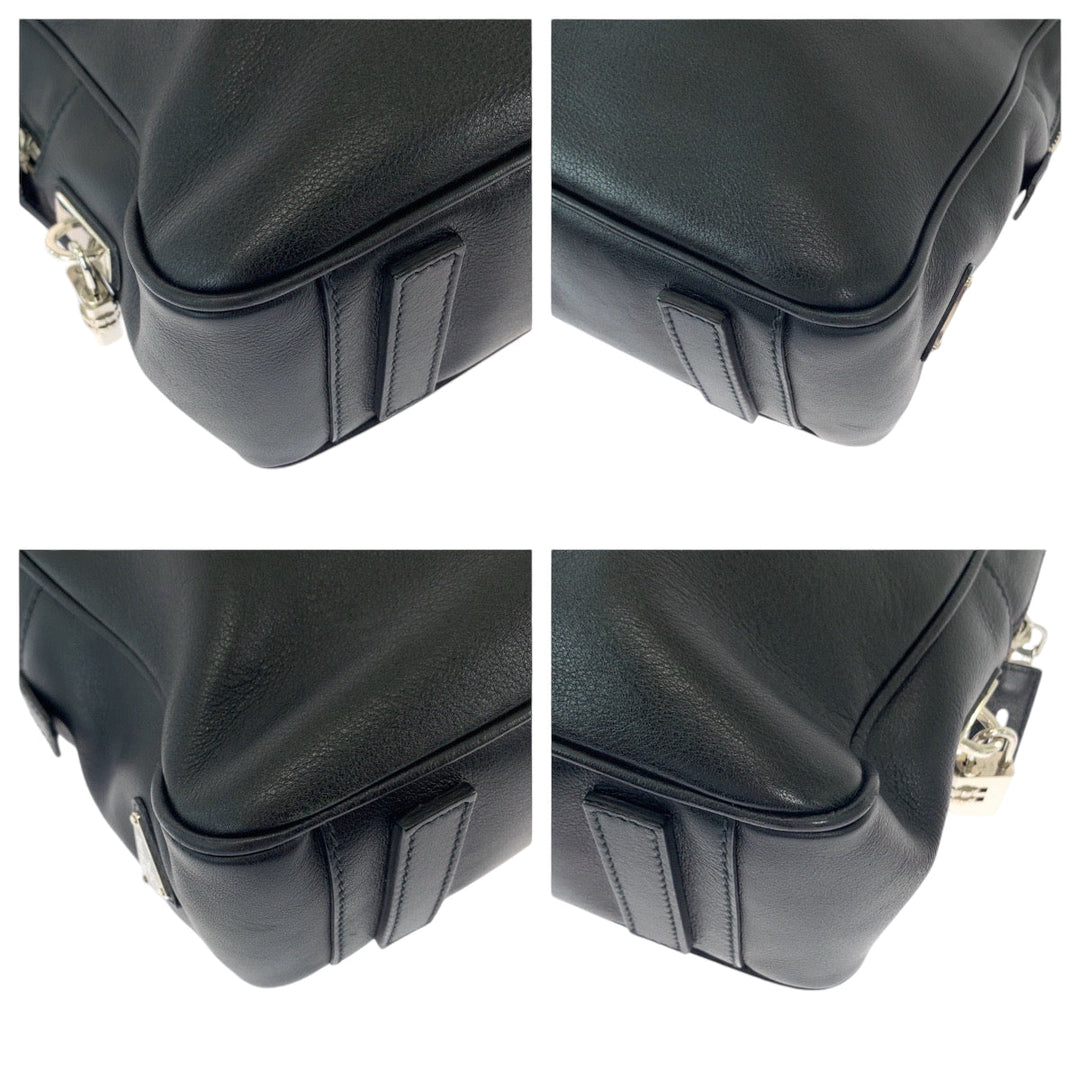 PRADA Business bag VS0305 leather Black SilverMetal Business Case Briefcase Triangle With logo mens Used Authentic