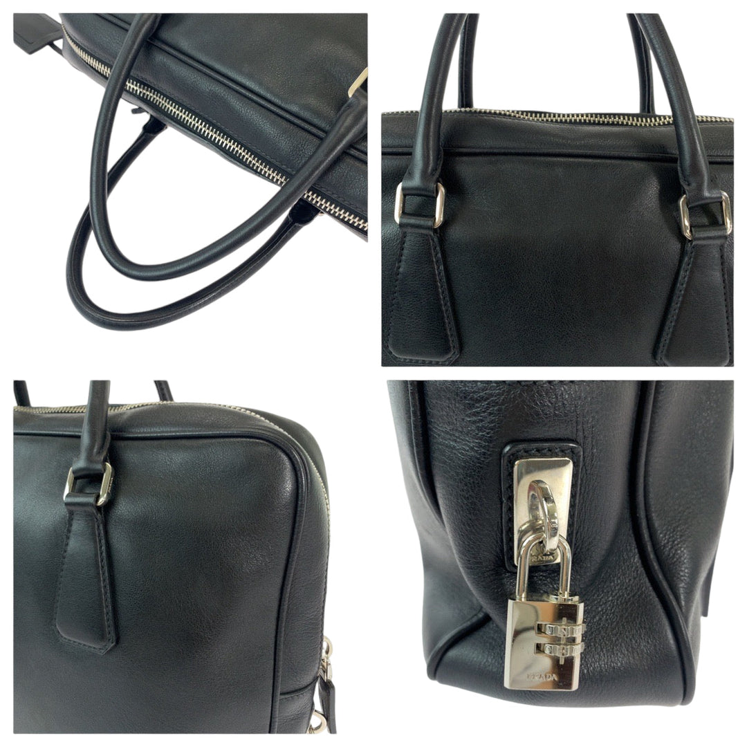 PRADA Business bag VS0305 leather Black SilverMetal Business Case Briefcase Triangle With logo mens Used Authentic