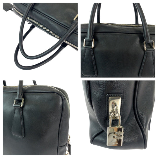 PRADA Business bag VS0305 leather Black SilverMetal Business Case Briefcase Triangle With logo mens Used Authentic