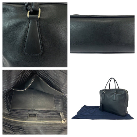 PRADA Business bag VS0305 leather Black SilverMetal Business Case Briefcase Triangle With logo mens Used Authentic