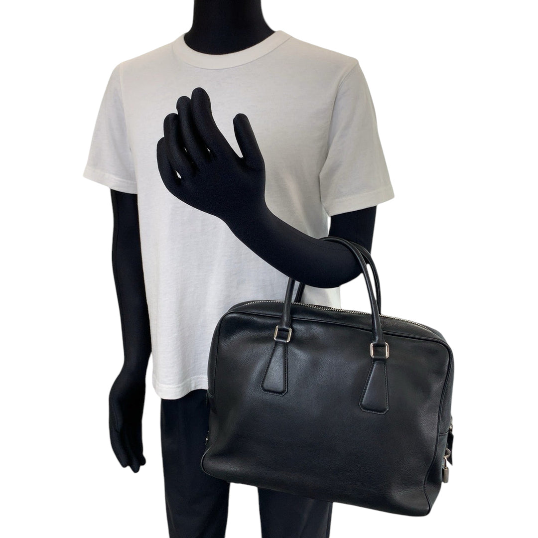 PRADA Business bag VS0305 leather Black SilverMetal Business Case Briefcase Triangle With logo mens Used Authentic