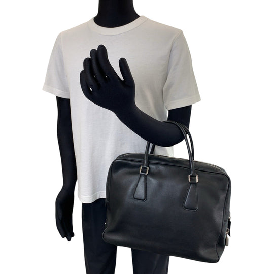 PRADA Business bag VS0305 leather Black SilverMetal Business Case Briefcase Triangle With logo mens Used Authentic