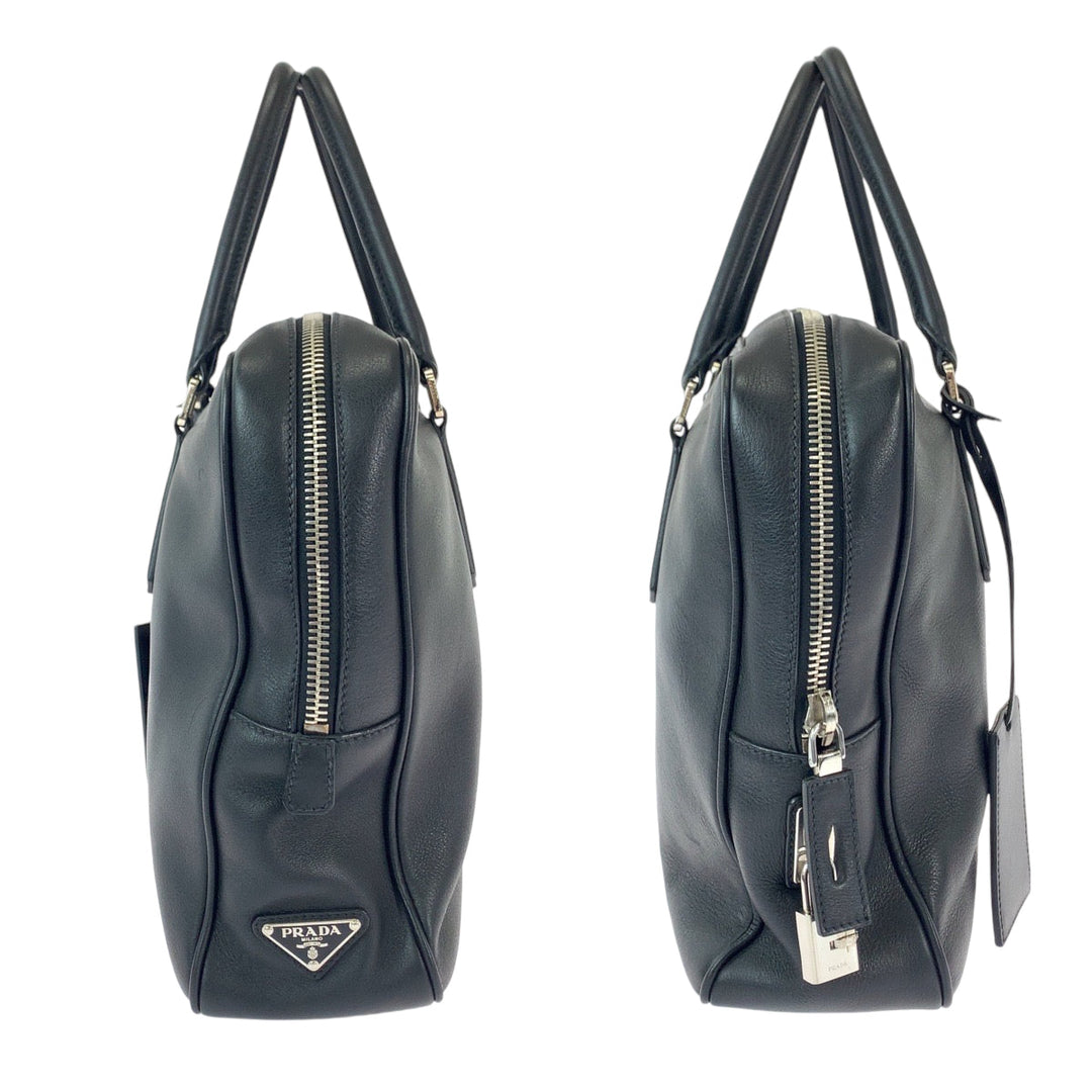 PRADA Business bag VS0305 leather Black SilverMetal Business Case Briefcase Triangle With logo mens Used Authentic