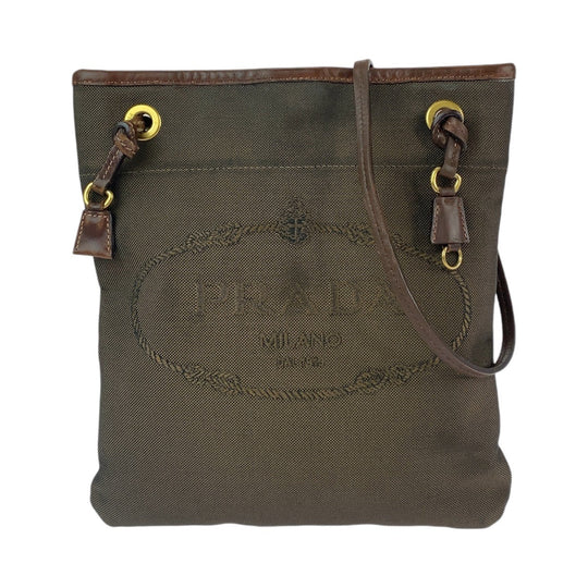 PRADA Shoulder Bag Canvas, Leather Brown Gold Metal Crossbody Shoulder Bag Pochette Logo jacquard Women Used Authentic
