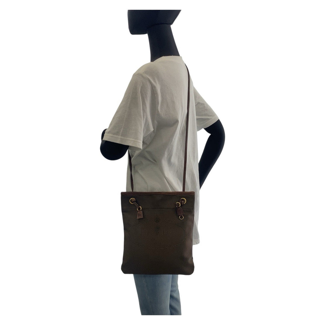 PRADA Shoulder Bag Canvas, Leather Brown Gold Metal Crossbody Shoulder Bag Pochette Logo jacquard Women Used Authentic