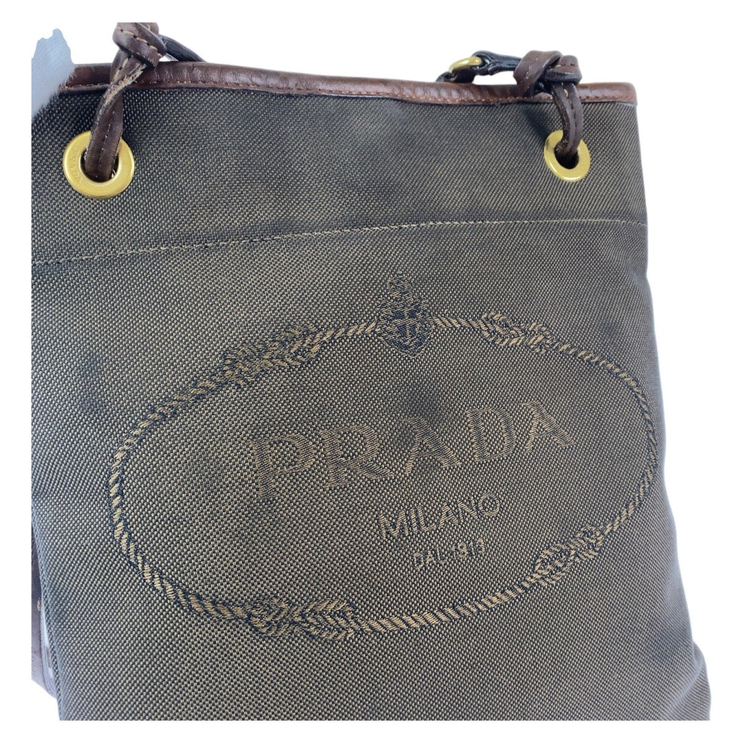 PRADA Shoulder Bag Canvas, Leather Brown Gold Metal Crossbody Shoulder Bag Pochette Logo jacquard Women Used Authentic