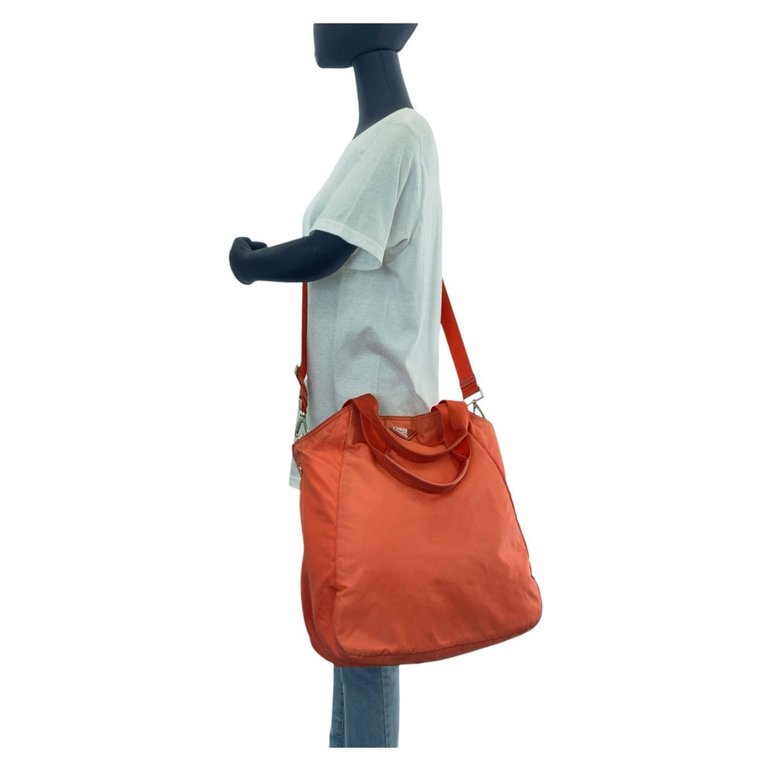 PRADA Tote Bag Nylon Orange SilverMetal Tote Bag Shoulder Bag Test Triangle With logo Women Used Authentic