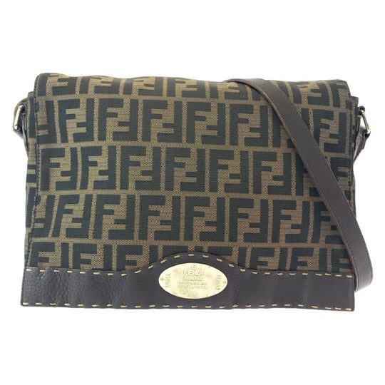FENDI Shoulder Bag Canvas, Leather Brown Gold Metal Crossbody Shoulder Bag Messenger Bag Zucca Women Used Authentic
