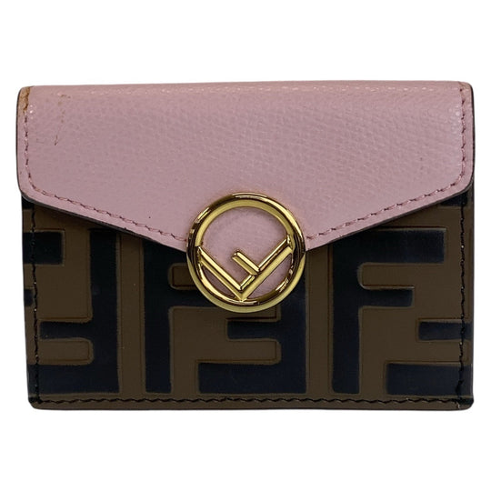 FENDI Tri-fold wallet leather Pink Brown Gold Metal Folding wallet Compact wallet ZUCCA F IS FENDI Women Used Authentic