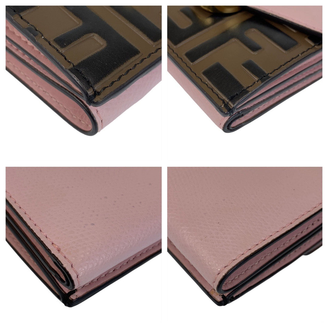 FENDI Tri-fold wallet leather Pink Brown Gold Metal Folding wallet Compact wallet ZUCCA F IS FENDI Women Used Authentic