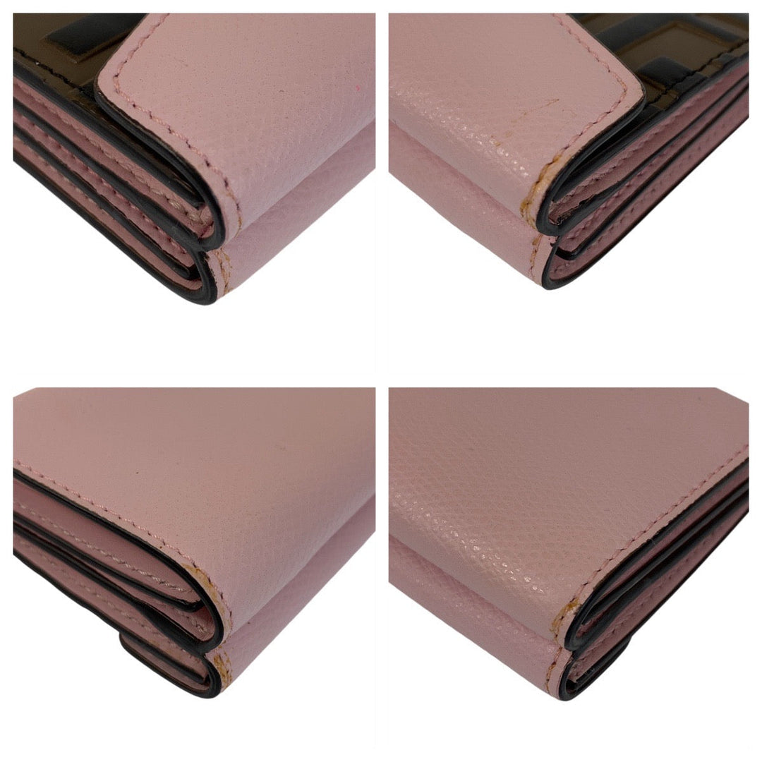 FENDI Tri-fold wallet leather Pink Brown Gold Metal Folding wallet Compact wallet ZUCCA F IS FENDI Women Used Authentic