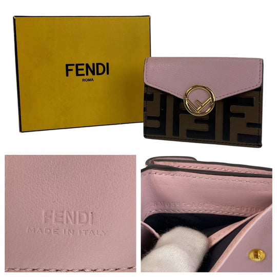 FENDI Tri-fold wallet leather Pink Brown Gold Metal Folding wallet Compact wallet ZUCCA F IS FENDI Women Used Authentic