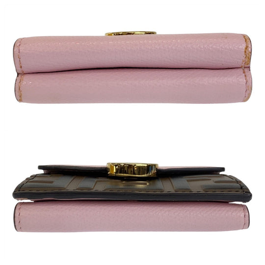 FENDI Tri-fold wallet leather Pink Brown Gold Metal Folding wallet Compact wallet ZUCCA F IS FENDI Women Used Authentic