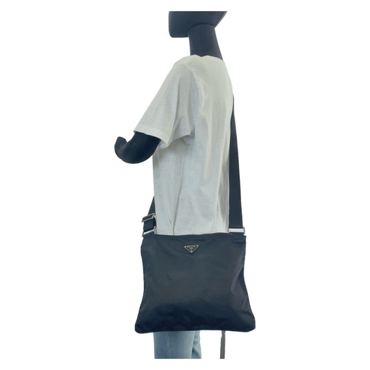 PRADA Shoulder Bag Nylon Black SilverMetal Shoulder Bag Messenger bag Test Triangle With logo Women Used Authentic