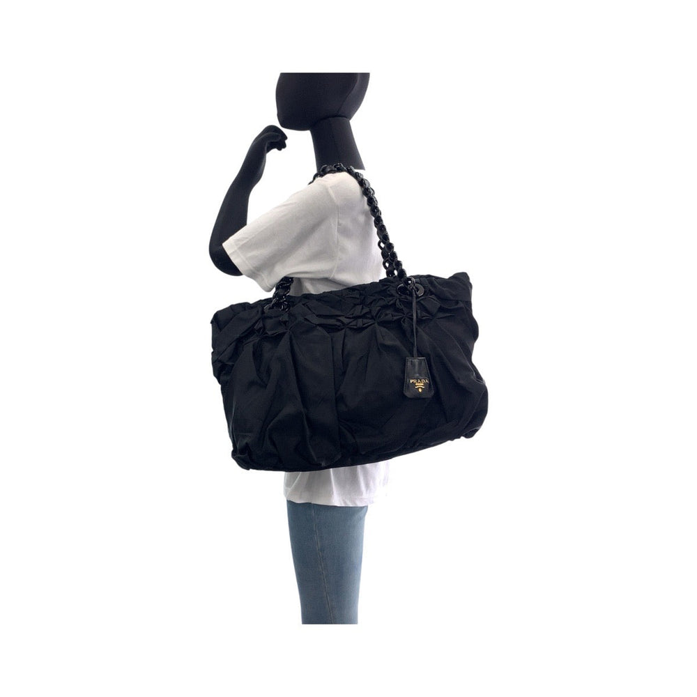 PRADA Tote Bag Nylon, Leather, Plastic Black GoldMetal Plastic Chain Tote Bag Shoulder Bag Test Women Used Authentic