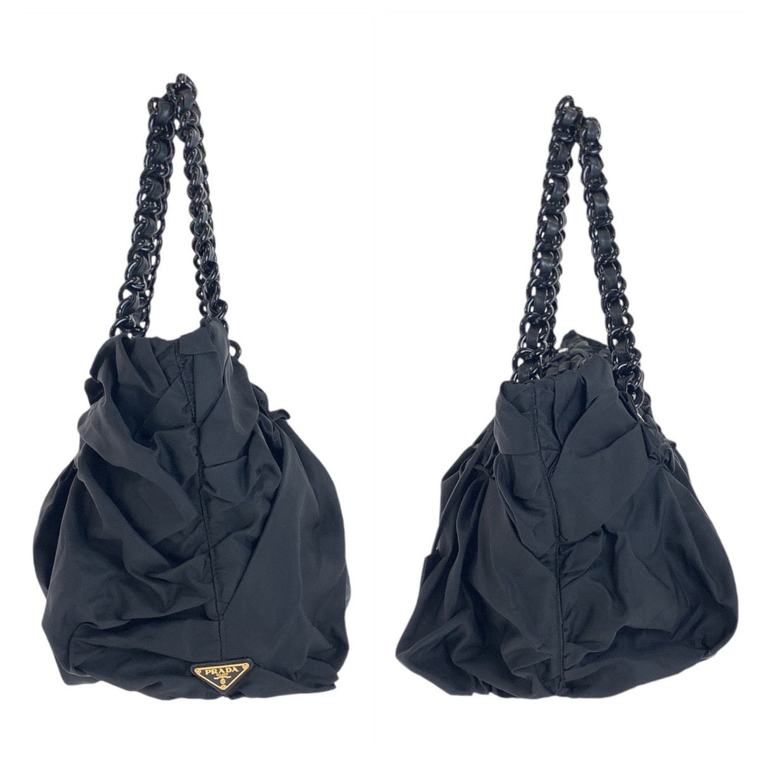 PRADA Tote Bag Nylon, Leather, Plastic Black GoldMetal Plastic Chain Tote Bag Shoulder Bag Test Women Used Authentic