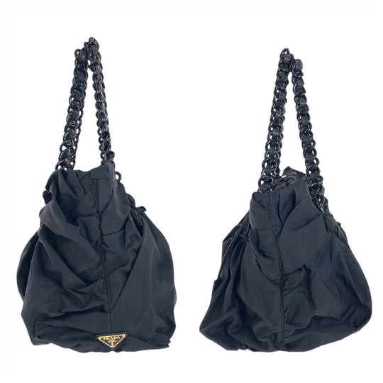 PRADA Tote Bag Nylon, Leather, Plastic Black GoldMetal Plastic Chain Tote Bag Shoulder Bag Test Women Used Authentic