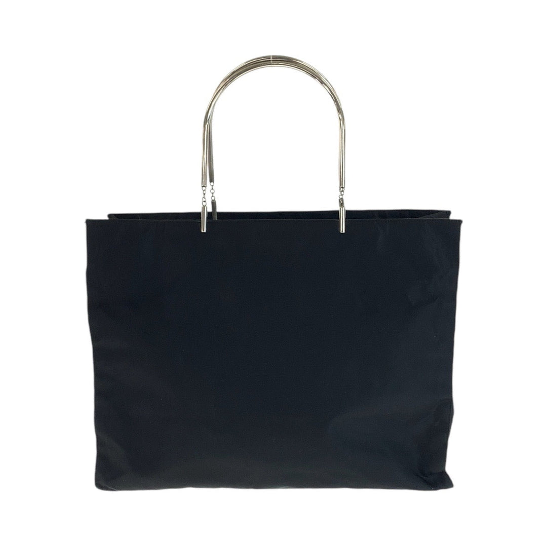 PRADA Tote Bag Nylon Black SilverMetal Tote Bag handbag Test Triangle With logo Women Used Authentic