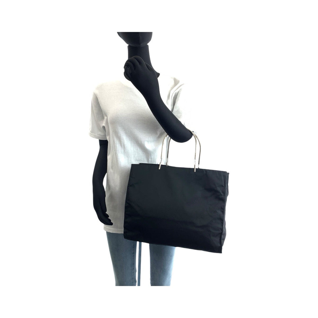 PRADA Tote Bag Nylon Black SilverMetal Tote Bag handbag Test Triangle With logo Women Used Authentic