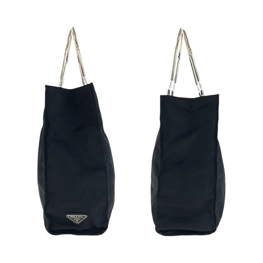 PRADA Tote Bag Nylon Black SilverMetal Tote Bag handbag Test Triangle With logo Women Used Authentic