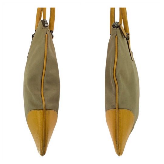 PRADA Tote Bag Canvas, Leather Beige Yellow SilverMetal Tote Bag Handbag Shoulder Bag Triangle With logo Women Used Authentic