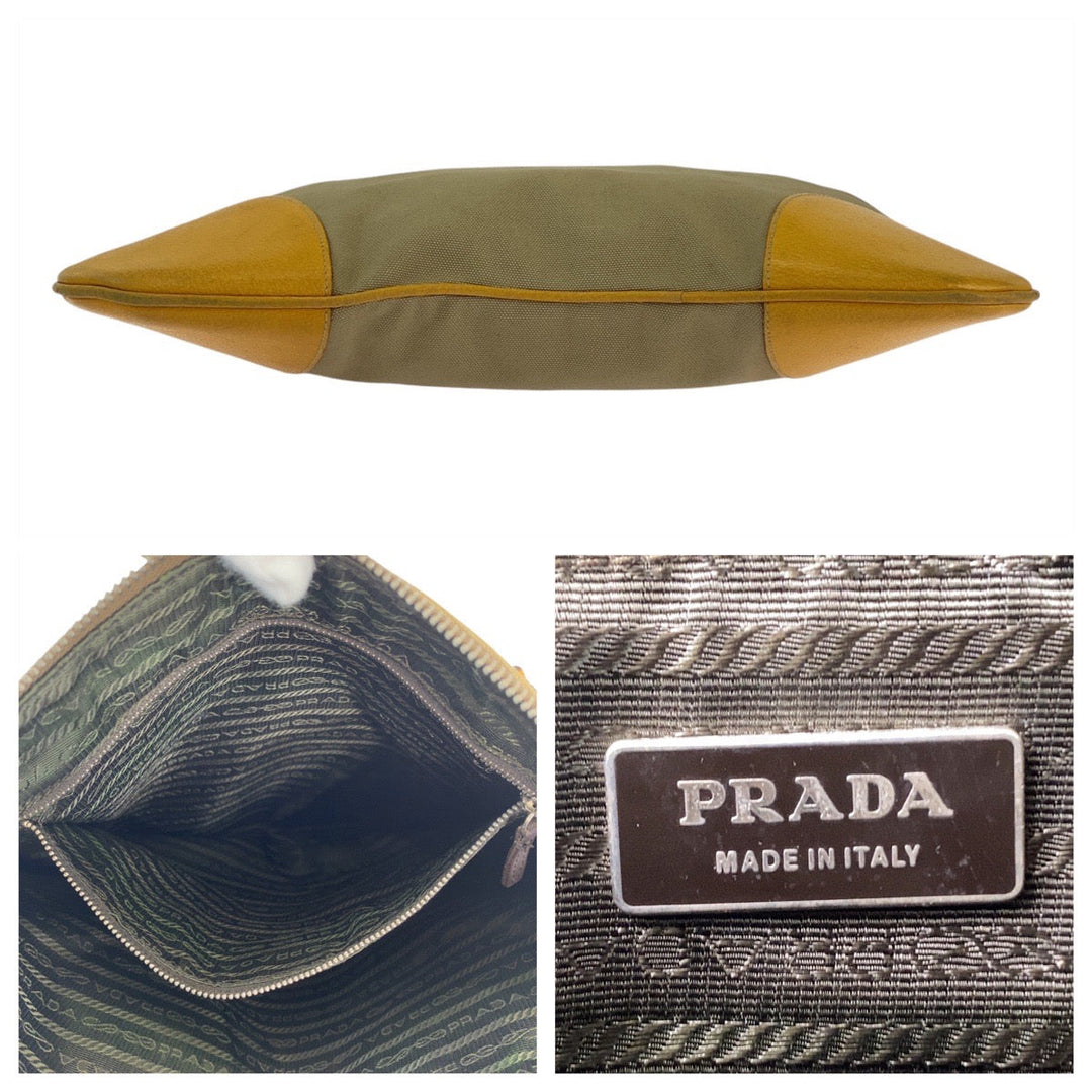 PRADA Tote Bag Canvas, Leather Beige Yellow SilverMetal Tote Bag Handbag Shoulder Bag Triangle With logo Women Used Authentic
