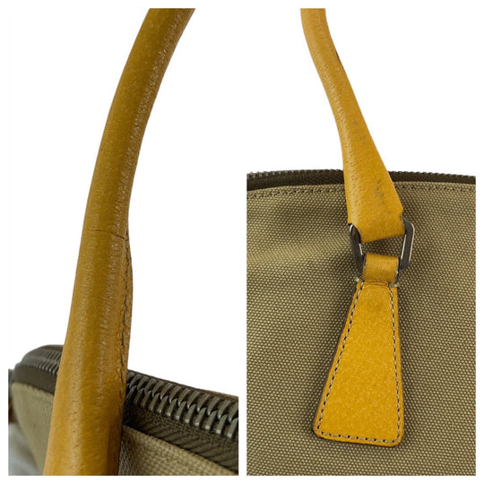 PRADA Tote Bag Canvas, Leather Beige Yellow SilverMetal Tote Bag Handbag Shoulder Bag Triangle With logo Women Used Authentic