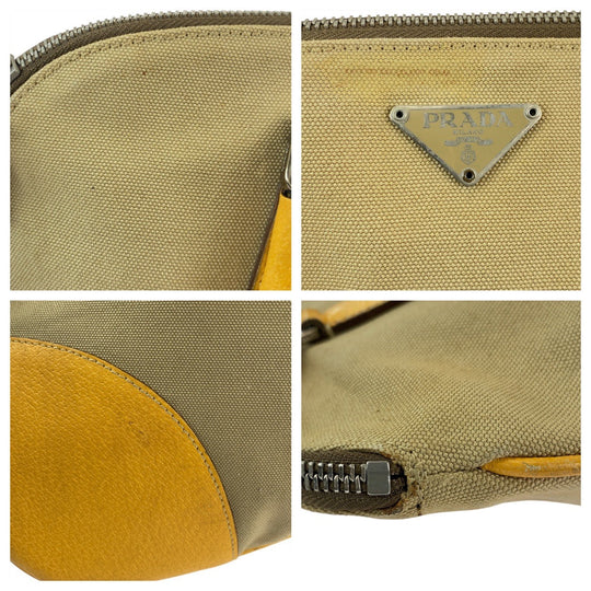 PRADA Tote Bag Canvas, Leather Beige Yellow SilverMetal Tote Bag Handbag Shoulder Bag Triangle With logo Women Used Authentic
