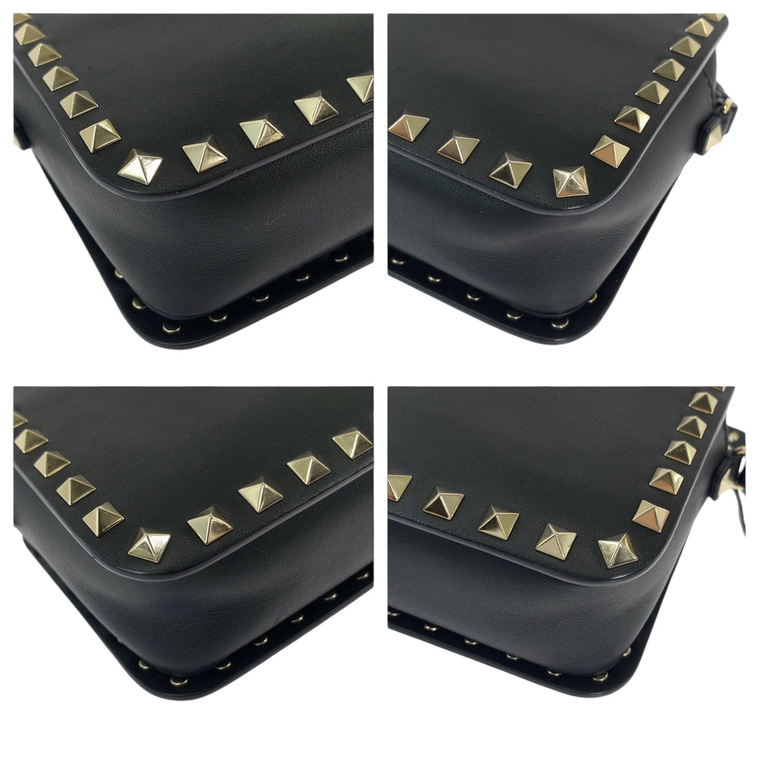 Valentino Shoulder Bag leather Black GoldMetal Shoulder Bag Crossbody Pochette Rock studs Women Used Authentic