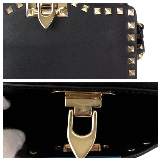 Valentino Shoulder Bag leather Black GoldMetal Shoulder Bag Crossbody Pochette Rock studs Women Used Authentic