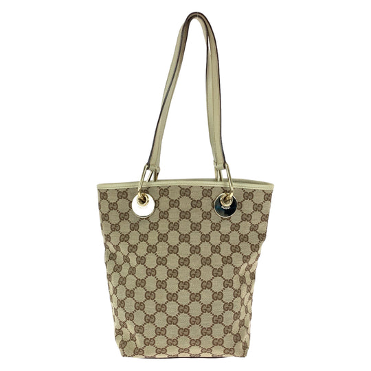 GUCCI Tote Bag GG canvas Beige Brown Gold Metal Tote Bag handbag Women Used Authentic
