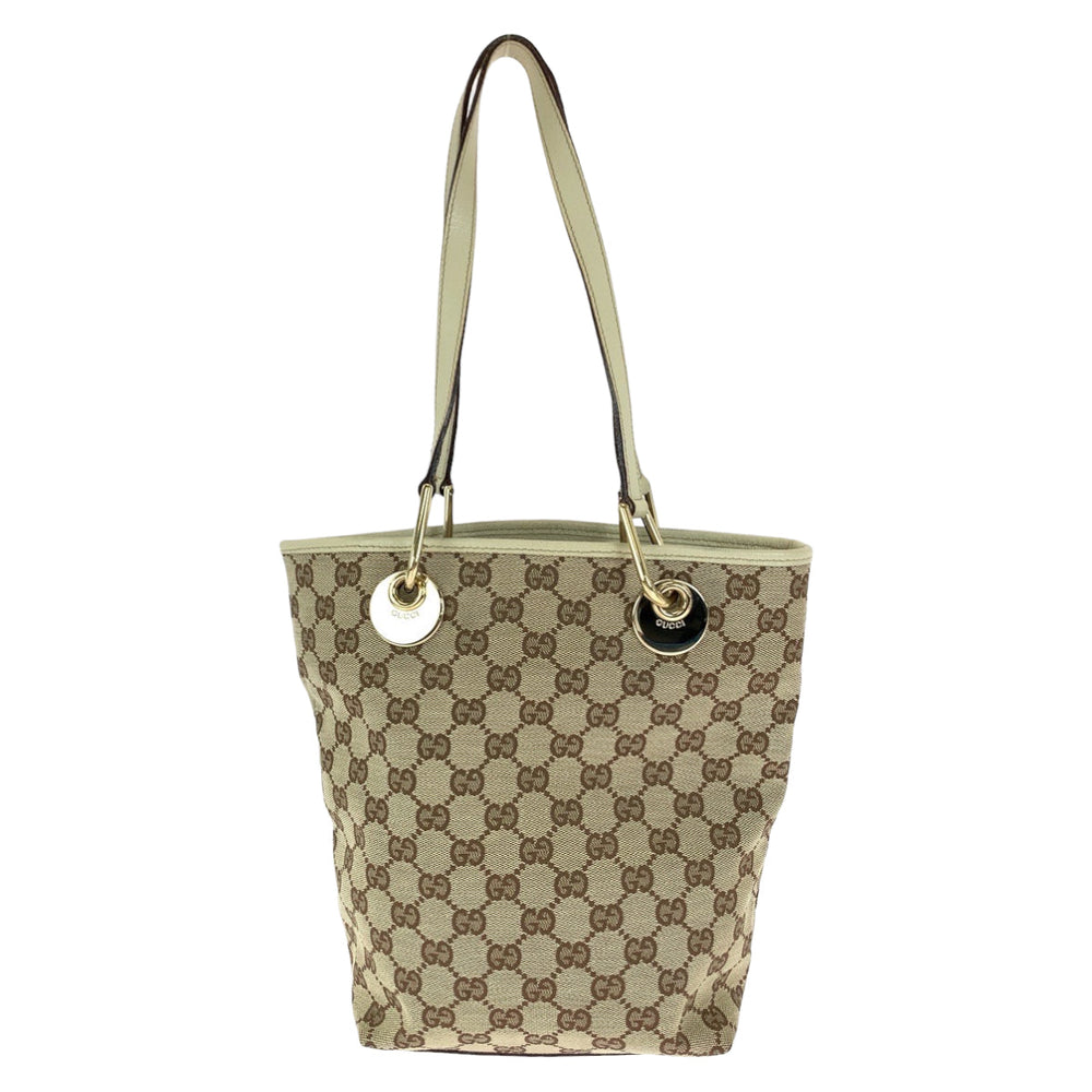 GUCCI Tote Bag GG canvas Beige Brown Gold Metal Tote Bag handbag Women Used Authentic