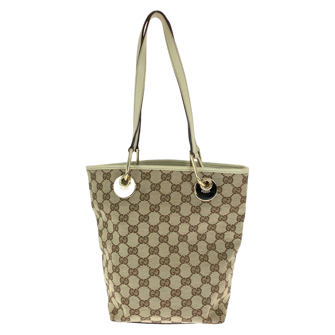 GUCCI Tote Bag GG canvas Beige Brown Gold Metal Tote Bag handbag Women Used Authentic