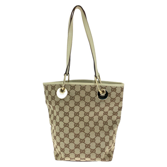 GUCCI Tote Bag GG canvas Beige Brown Gold Metal Tote Bag handbag Women Used Authentic